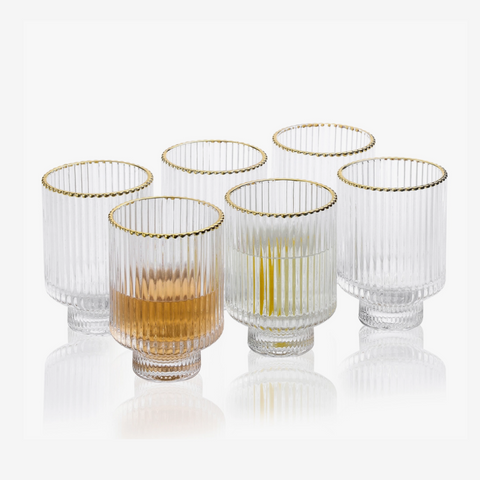 Ribbed Tumbler Glasses with gold Rim, 6 Pack